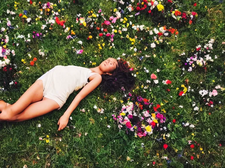 Image similar to girl laying down in the lawn full of flowers that smells like honey amongst forest with her soul connected to the nature around her