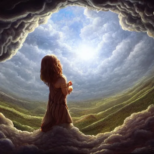 Image similar to a detailed mate painting of god looking down on earth through a hole in the clouds'by stephanie law, existential horror, trending on cgsociety artstation, highly detailed, 8 k, masterpiece, super resolution.