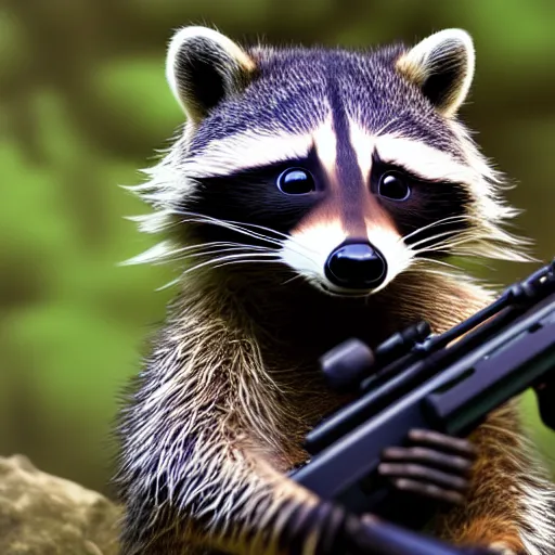 Prompt: raccoon with a sniper rifle, photo, detailed, 4 k