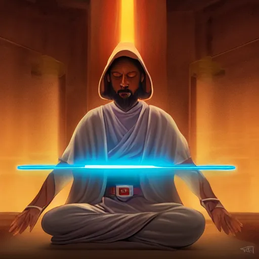 Image similar to a jedi master meditating levitating in an ancient sith temple, digital painting, hyperrealistic concept art