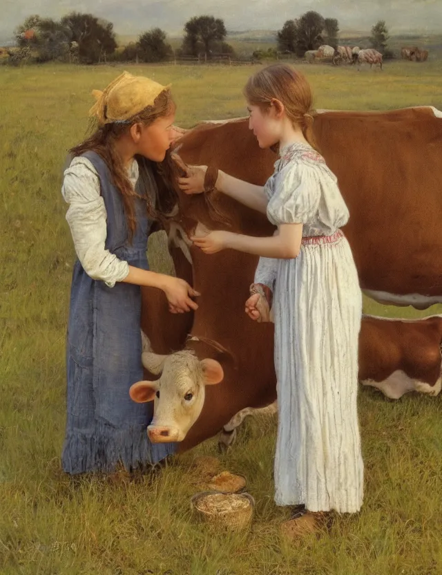 Image similar to portrait of peasant girl petting a cow on a farm, cottage core, cinematic focus, polaroid photo bleached vintage pastel colors high - key lighting, soft lights, foggy, by steve hanks, by lisa yuskavage, by serov valentin, by tarkovsky, 8 k render, detailed, oil on canvas