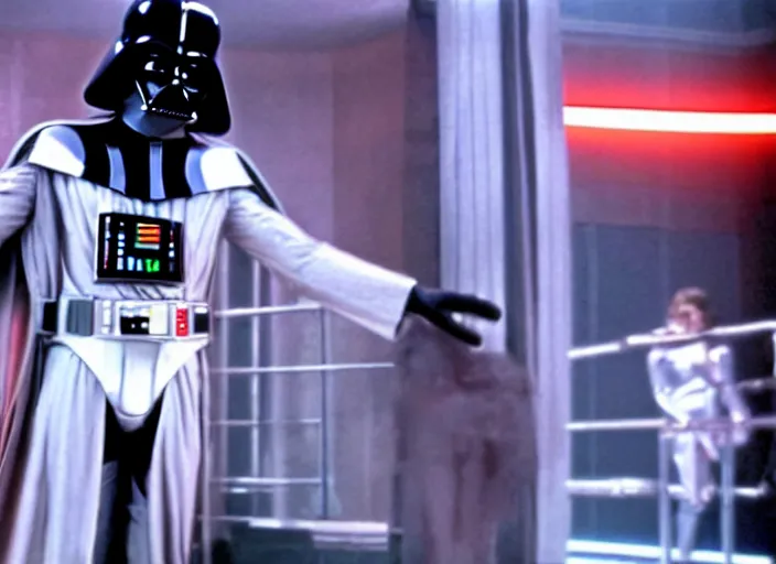 Image similar to film still of Darth Vader dancing as Tony Manero in Staying Alive 1983,