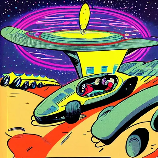 Image similar to male alien racing drivers, space, comic, racers, retro, 70s, alien