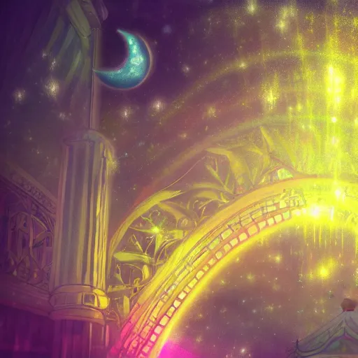 Image similar to crystal moon palace, magical, fantasy, glowy, light, digital art, lowfi