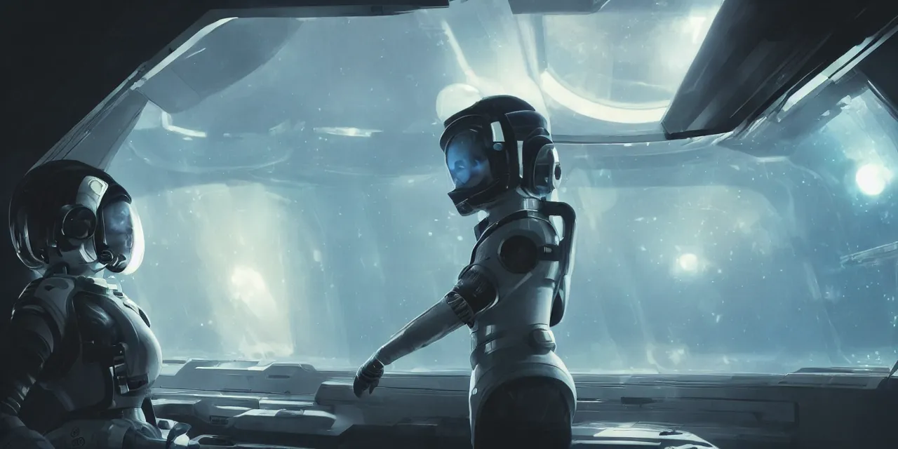 Image similar to Zoe Kravitz with short hair as a futuristic astronaut, outside large window of ship, helmet with HUD led lights, underwater in the ocean at night, dark water, volumetric lighting, glowing lights, 4k, octane, digital painting, artstation, concept art, sharp focus, illustration, cinematic film still, art by artgerm and greg rutkowski and alphonse mucha , wide angle view,