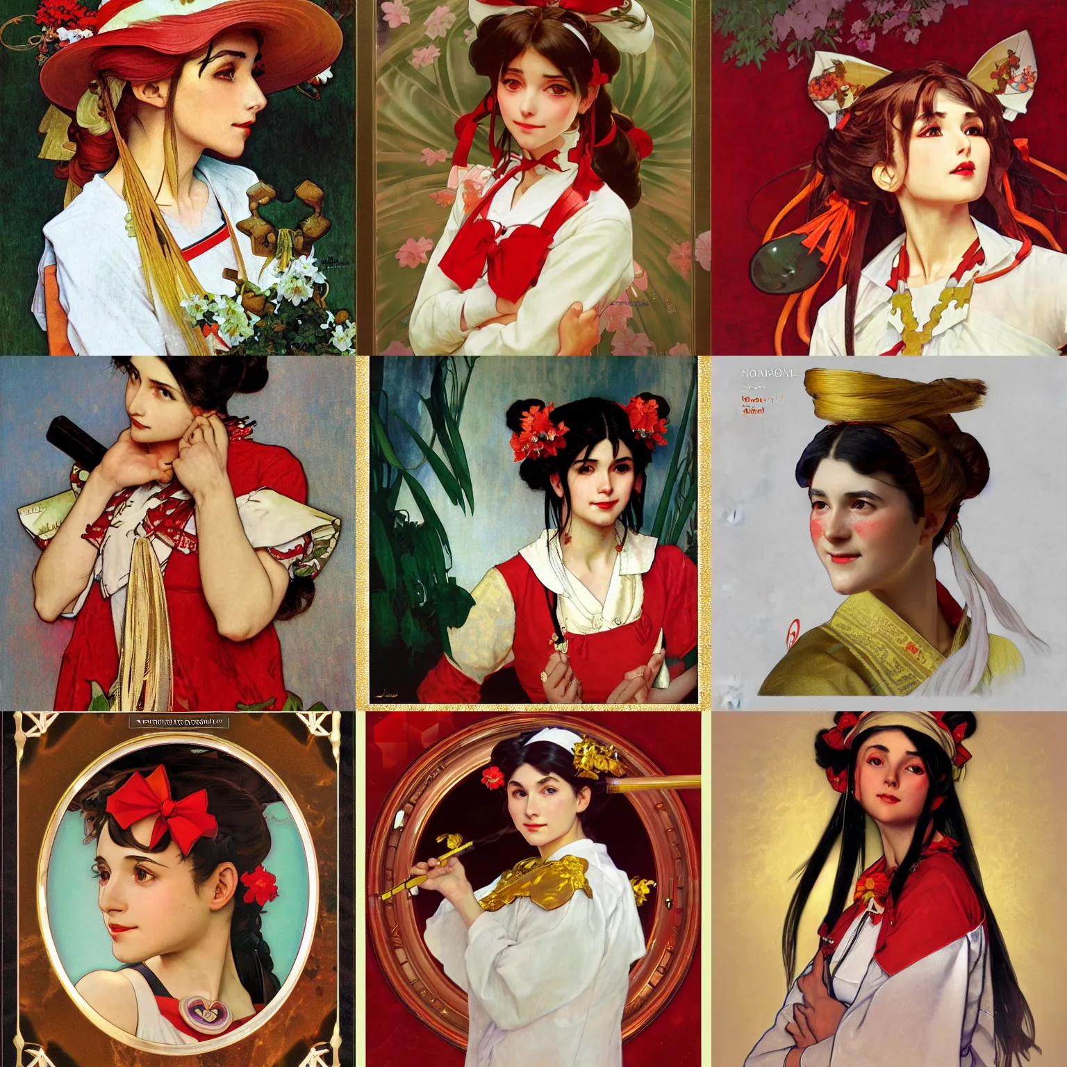 Prompt: a portrait painting of reimu hakurei, by norman rockwell and alphonse mucha, marble, gold, unreal engine 5