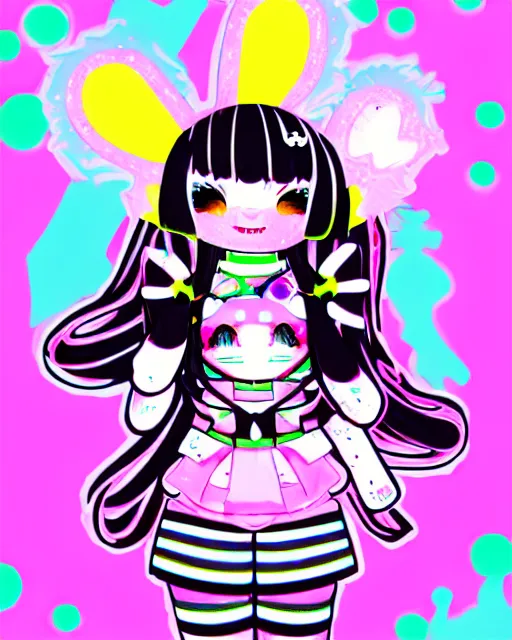 Image similar to cybergoth decora glitchcore yokai girl, sanrio ornaments, pastel cute cinematography