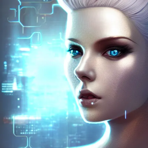 Image similar to futuristic woman android portrait, sci-fi female, striking azure eyes, face, short platinum hair, cyberpunk femme fatale, intricate, elegant lady with alabaster skin, highly detailed gold filigree, digital painting, artstation, concept art, smooth, sharp focus, illustration, studio photo by artgerm, Krenz Cushart, Wenqing Yan and Alphonse Mucha:3, overexposed, dark, gray, monochrome:-2