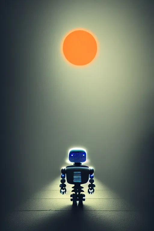 Prompt: a sad robot going for a walk in the park, Mads Berg, Karolis Strautniekas, film noir, stippled light, dramatic lighting,editorial illustration, detailed,fine texture, matte print, art deco, dark blue + dark orange, red, black,octane render, unreal engine, redshift render, 3D