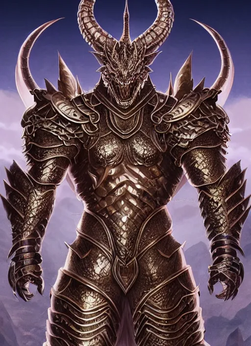 Image similar to muscular and tall humanoid dragon!!!! draconian!! intricate ornate iridescent heavy armor!! character concept art, sharp focus, octane render! unreal engine 5! highly rendered!! trending on artstation!! detailed linework!! illustration by artgerm, wlop, and chie yoshii