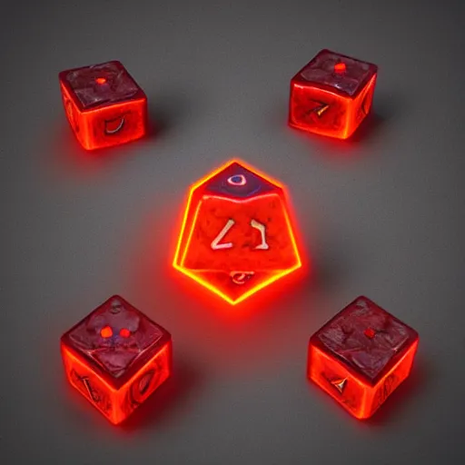 Prompt: a pile of dnd dice made out of glowing lava, red hot, unreal engine, volumetric lighting, artstation