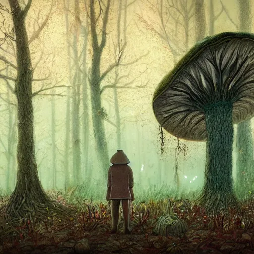 Image similar to an old broken hut mage of huge mushrooms, in an autumn forest, green and brown tones, by Aron Wiesenfeld and beksincki, in the style of of simon stalenhag and Bev dolittle, cinematic, detailed illustration, nature, fog, dark colors, suspense, intricate, 8k in the style