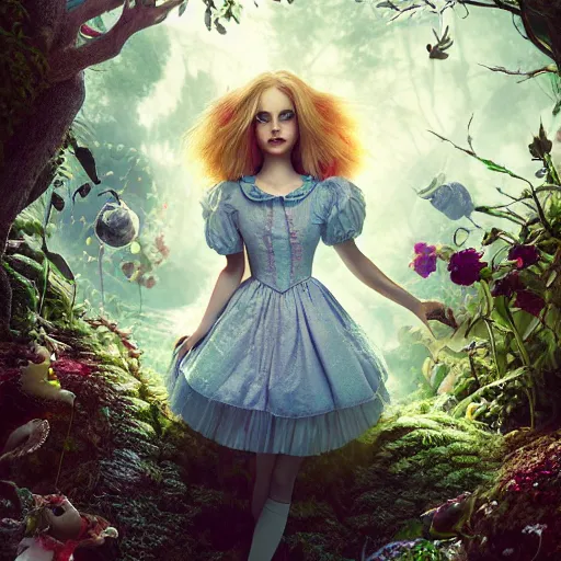 Image similar to alice in wonderland, illustration, 3 d, mistic atmosphere, scarry, octane render, intricate, hyper detailed, morning light, cute, well rendered