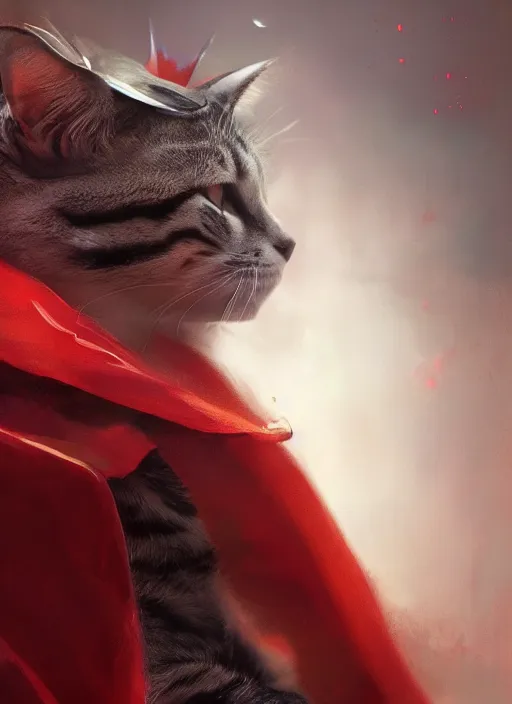 Image similar to side profile of a cat king wearing a crown and red cape, fantasy, digital painting, volumetric light, intricate, sharp, focus, bloom, illustration, highly detailed, concept art, matte, ruan jia, randy vargas, greg rutkowski