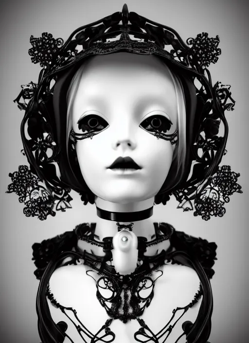 Prompt: black and white dreamy profile face portrait, one silver steampunk eye biomechanical beautiful angelic young female cyborg - robot - doll bust, body ribs meshes,, volumetric light, hibiscus flowers, rim light, big gothic fashion pearl embroidered collar, 1 9 3 0, 8 k