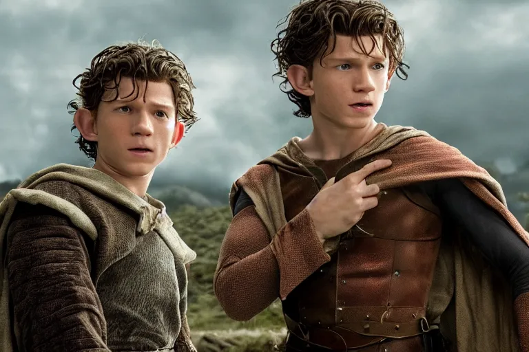 Image similar to tom holland plays an elf in the lord of the rings return of the king, highly detailed, cinematic lighting, 4 k, arricam studio 3 5 mm film camera, kodak 5 2 7 9 ( tungsten - balanced ) film stock