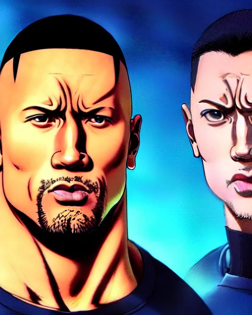 Image similar to portrait Anime man as Dwayne Johnson. fine-face, pretty face, realistic shaded Perfect face, fine details. Anime. realistic shaded lighting by Ilya Kuvshinov katsuhiro otomo ghost-in-the-shell, magali villeneuve, artgerm, rutkowski, WLOP Jeremy Lipkin and Giuseppe Dangelico Pino and Michael Garmash and Rob Rey in official suit