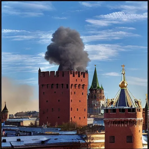 Image similar to photo of burning tower of Kremlin, highly detailed, 8k