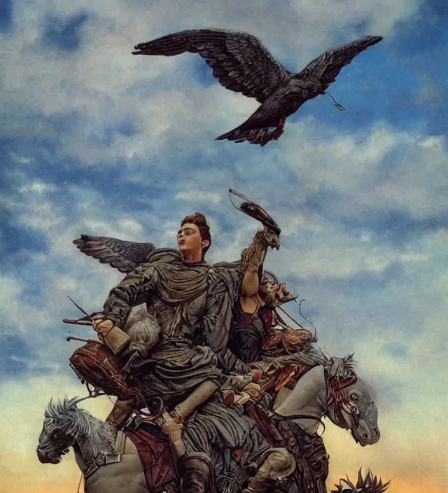 Image similar to cloudy day, three silhouettes riding a giant pigeon in the sky, in the distance, 1 9 7 0 s, intricate, moody, tasteful, intimate, highly detailed, short focus depth, artgerm, donato giancola, joseph christian leyendecker