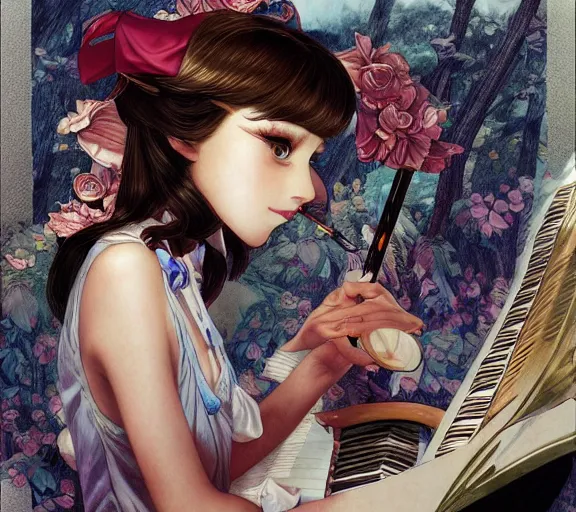 Prompt: ' touhou girl studying jazz music ', beautiful shadowing, 3 d shadowing, reflective surfaces, illustrated completely, 8 k beautifully detailed pencil illustration, extremely hyper - detailed pencil illustration, intricate, epic composition, masterpiece, bold complimentary colors. stunning masterfully illustrated by artgerm, range murata, alphonse mucha.