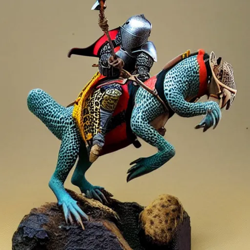 Image similar to A medieval knight riding on a giant two legged leopard gecko, highly detailed, painted wargaming miniature