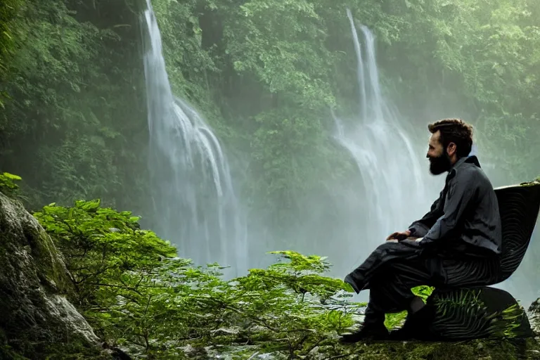 Image similar to movie closeup young man with a grey beard in a cyberpunk suit sitting on a futuristic chair at the edge of a jungle waterfall by emmanuel lubezki