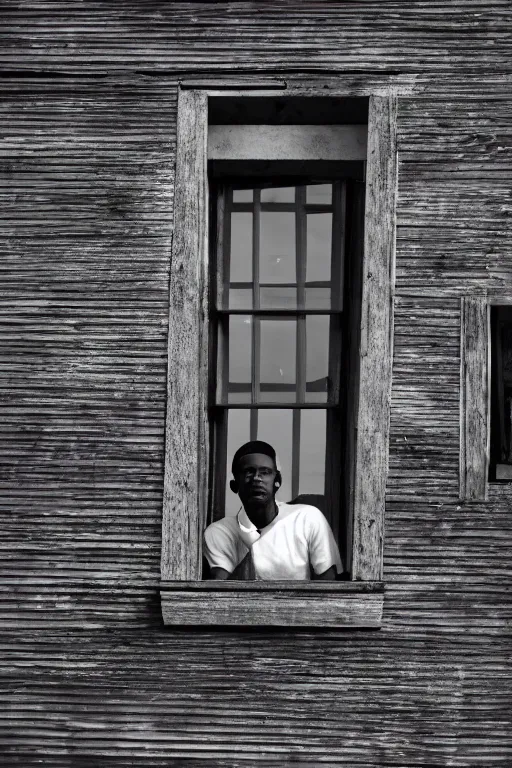 Image similar to a black man looking up from a window in a ship