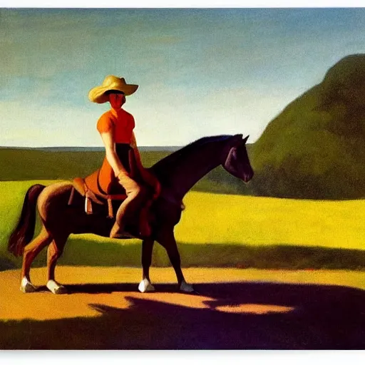 Prompt: Dolores in a cowboy hat on a horse, by Edward Hopper