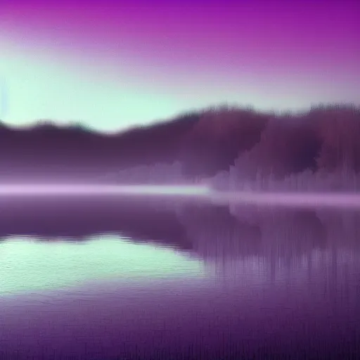 Image similar to Purple mist over a lake at night. Award-winning digital art, trending on ArtStation