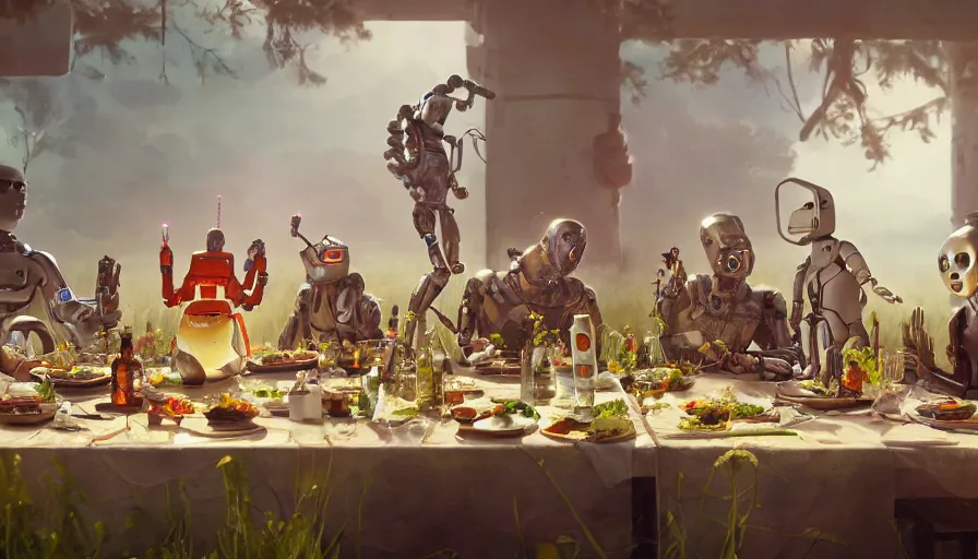 Image similar to a table dinner of robots where robots are dressed like the characters from the midsommar movie, realistic detailed digital art by maxwell boas jessica rossier christian dimitrov anton fadeev trending on artstation cgsociety rendered in unreal engine 4 k hq