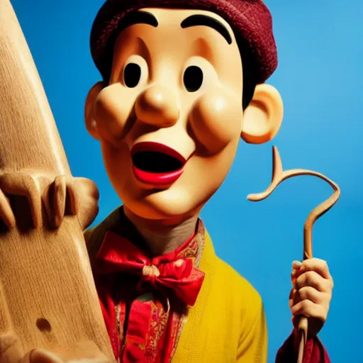 Image similar to an award winning cinematic still of surprised Justin Sun as Pinocchio with gigantic extremely long wooden nose, 16k hyper realistic photograph, close-up professional portrait, centered, dramatic lighting