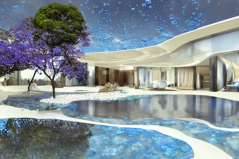 Prompt: futuristic luxurios chic mansion with Singaporean gold lush garden, white and royal blue theme, sakura season, advanced, top tier architecture house, at Salar De Uyuni, Hexagonal formations on the surface of salt crystallization, sandwiched between sedimentary deposits, bubbling geysers, marvellous reflection of the sky, digital painting, concept art, smooth, sharp focus, from Star Trek 2021, illustration, by WLOP and Ruan Jia and Mandy Jurgens and William-Adolphe Bouguereau, Artgerm