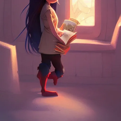 Prompt: a pixar girl reading a book, long hair flowing down, symmetrical!, style of by Jordan Grimmer and greg rutkowski, crisp lines and color,