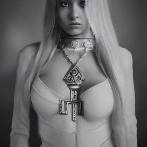 Image similar to aesthetic!!!!!! Female genie, blonde hair, silver tint, cinematic lighting, symmetrical, in-frame