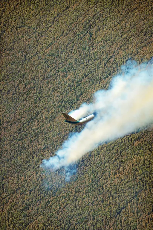 Image similar to Travel Ad, close-up on a plane flying above a drying landscape, forest fire