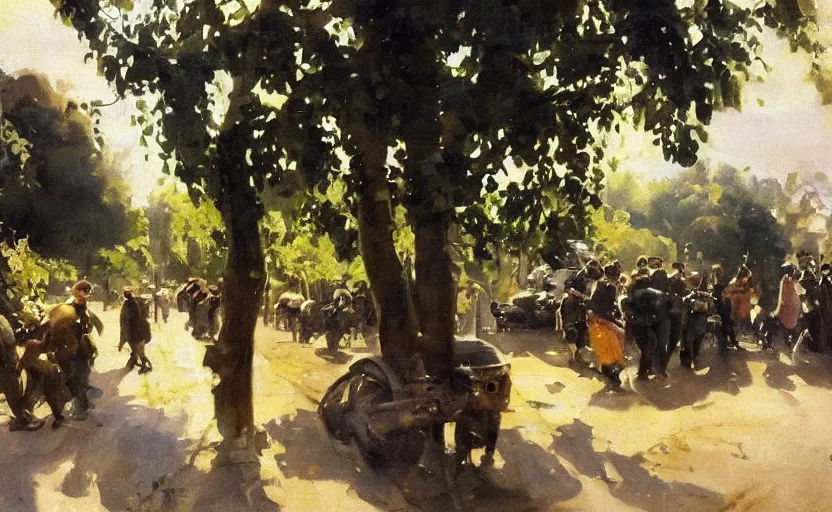Image similar to oil painting lanscape by anders zorn, nature, fruit trees, very very very very beautiful art, dramatic light, police arrests, police violence, police in street with police cars