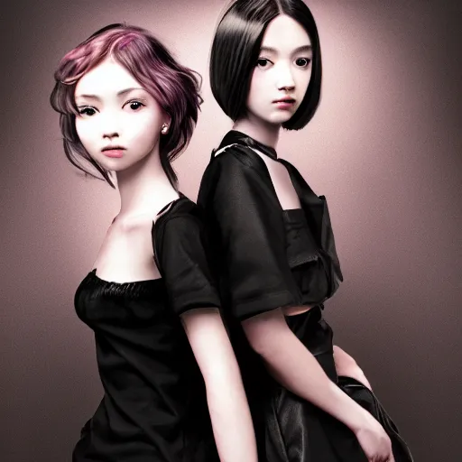 Image similar to of 2 girls with pearl shining in backgroud, black hair, photorealistic, cinematic light, highly detailed,