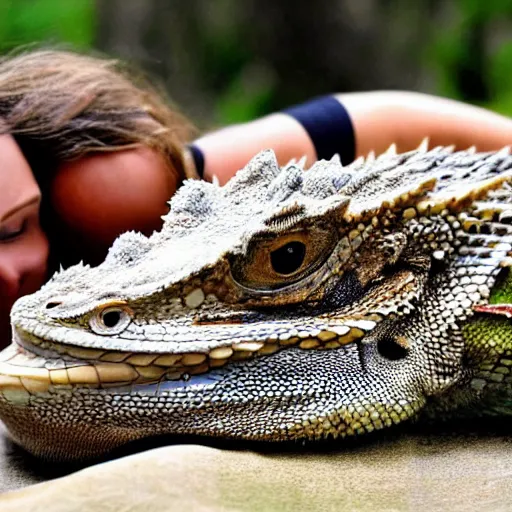 Image similar to a giant bearded dragon hanging out with blonde hair women laying down using the giant bearded dragon as a pillow