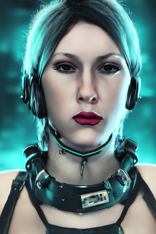 Image similar to detailed realistic female rock star cyberpunk wearing thick technological collar around neck, realistic, art, beautiful, 4K, collar, choker, collar around neck, punk, artstation, detailed, female, woman, choker, cyberpunk, neon, punk, collar, choker, collar around neck, thick collar, tight around neck, punk,