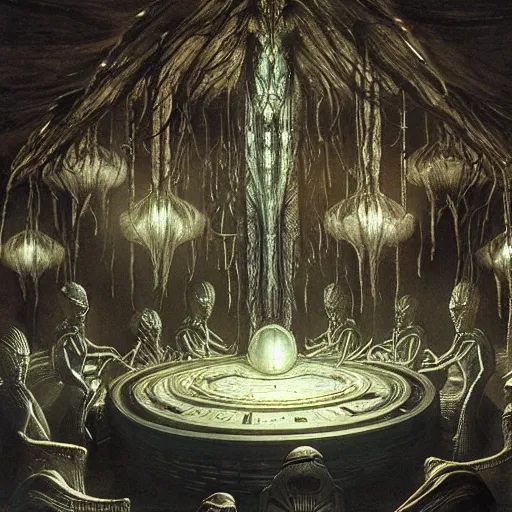 Image similar to scene from prometheus movie, hr giger artlilery spaceship lands in country tavern, filigree ornaments, volumetric lights, micheal whelan