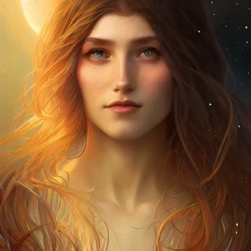 Image similar to girl with super long hair, hair becoming night stars, intricate, highly detailed, digital painting, artstation, concept art, smooth, sharp focus, illustration, unreal engine 5, 8 k, art by artgerm and greg rutkowski and alphonse mucha