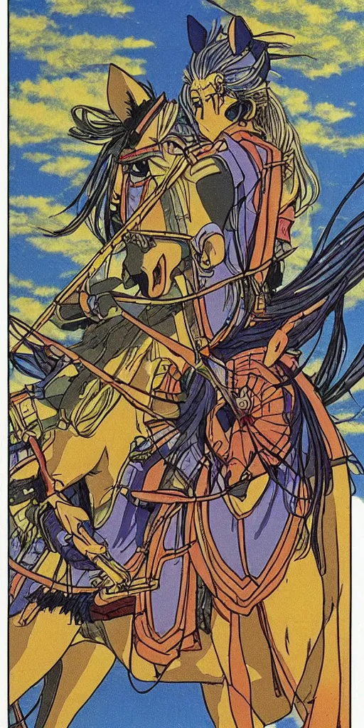 Prompt: a chariot drawn by horse in japan, 1990s anime, full color, tarot card the chariot,