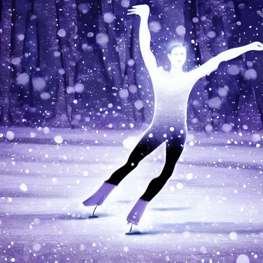 Prompt: figure skater performing spiral move under the spotlight on the ice with snowy winter landscape background detailed magical realism digital painting volumetric lighting 4k