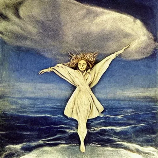 Prompt: Marlene Dietrich levitating over the sea. El Greco, Remedios Varo, Salvador Dali, Carl Gustav Carus, John Atkinson Grimshaw. Blue tint. Symetrical, logo, geometric shapes.