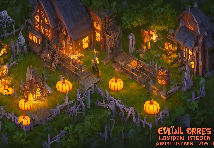 Image similar to evil forest halloween themed isometric game level, with detailed wood, lanterns, toon shader, arnold maya render, artstation by miha rinne