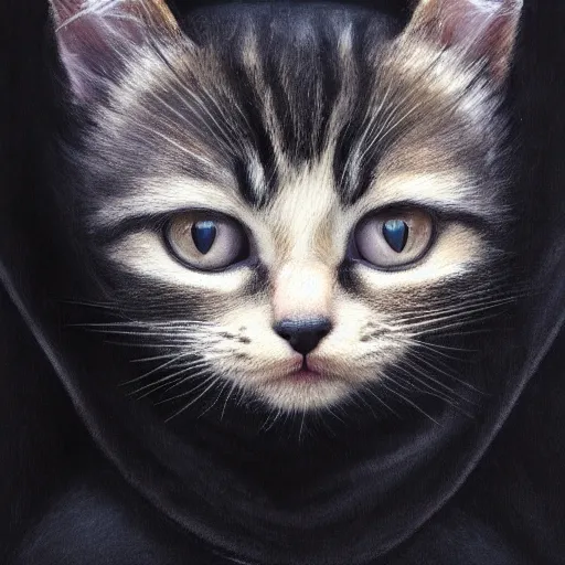 Image similar to a portrait of a kitten wearing a black hood, cloak covering face, anatomically correct, beautiful perfect face, enigmatic, oil painting, matte, black background, Volumetric dynamic lighting, Highly Detailed, Cinematic Lighting, Unreal Engine, 8k, HD, by Beksinski