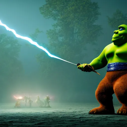 Prompt: Shrek fightning Malenia in Elden Ring, octane render, volumetric lightning 4k
