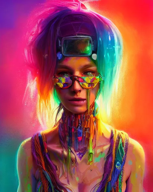 Prompt: colorful detailed portrait of a hippie, set in the future 2 1 5 0 | highly detailed | very intricate | symmetrical | professional model | cinematic lighting | award - winning | painted by mandy jurgens | pan futurism, dystopian, bold colors, cyberpunk, groovy vibe, anime aesthestic | featured on artstation