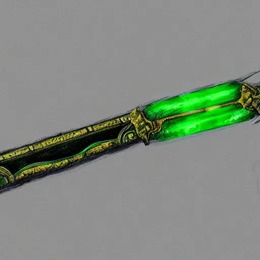 Image similar to Oil painting concept art of a magical acid sword glowing bright green, very intricate hilt, green color scheme, highly detailed concept art.