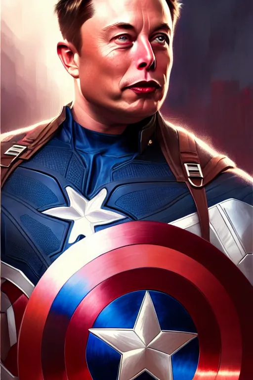 Image similar to elon musk as captain america, portrait, highly detailed, digital painting, artstation, concept art, smooth, sharp focus, illustration, cinematic lighting, art by artgerm and greg rutkowski and alphonse mucha